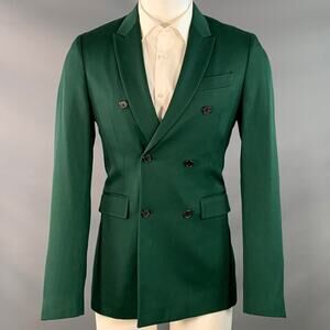 CALVIN KLEIN 205W39NYC 36 Green Wool Twill Double Breasted Peak Lapel Sport Coat